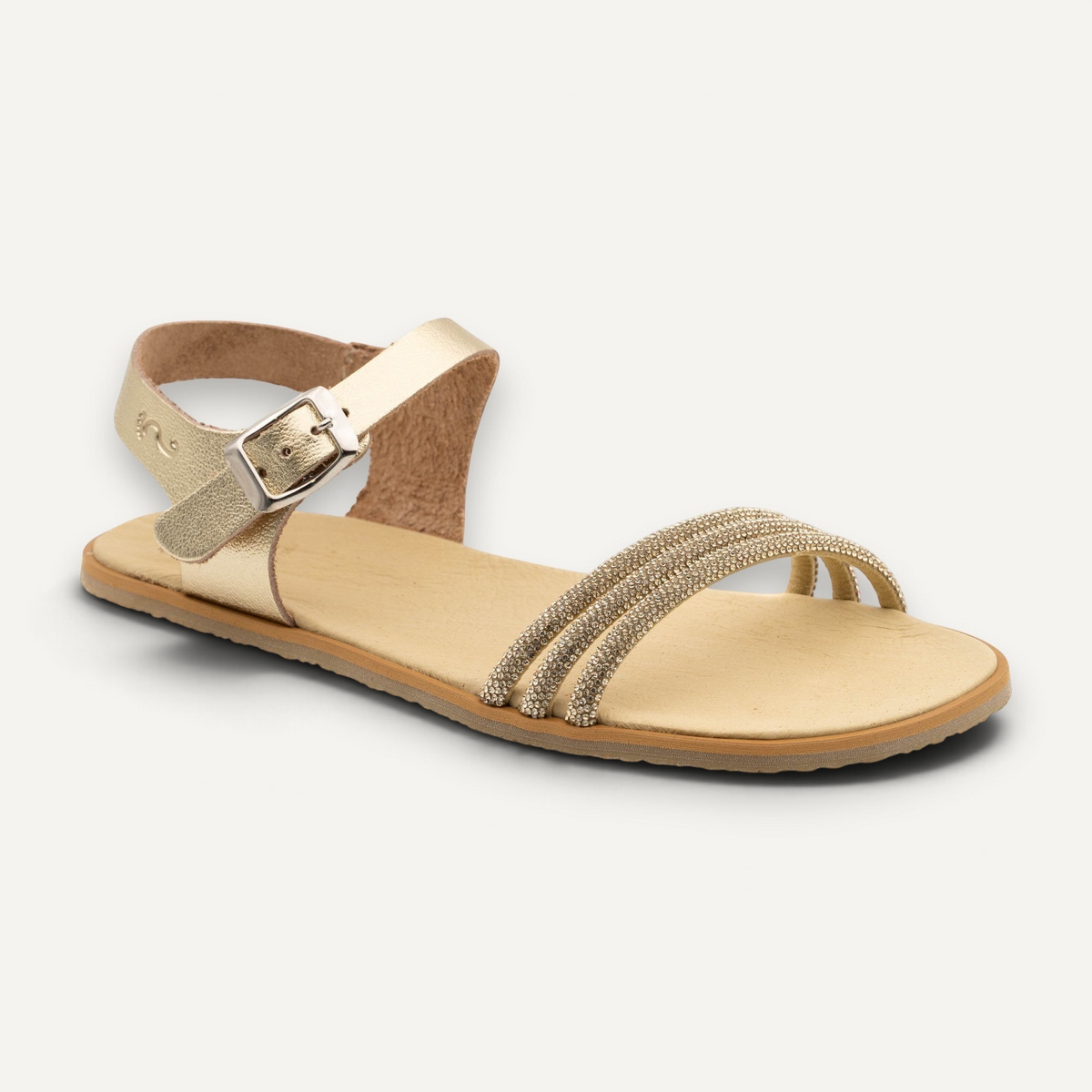 Sandalias barefoot zoireo Flexinens en color cava con tiras brillantes y cierre de hebilla ajustable