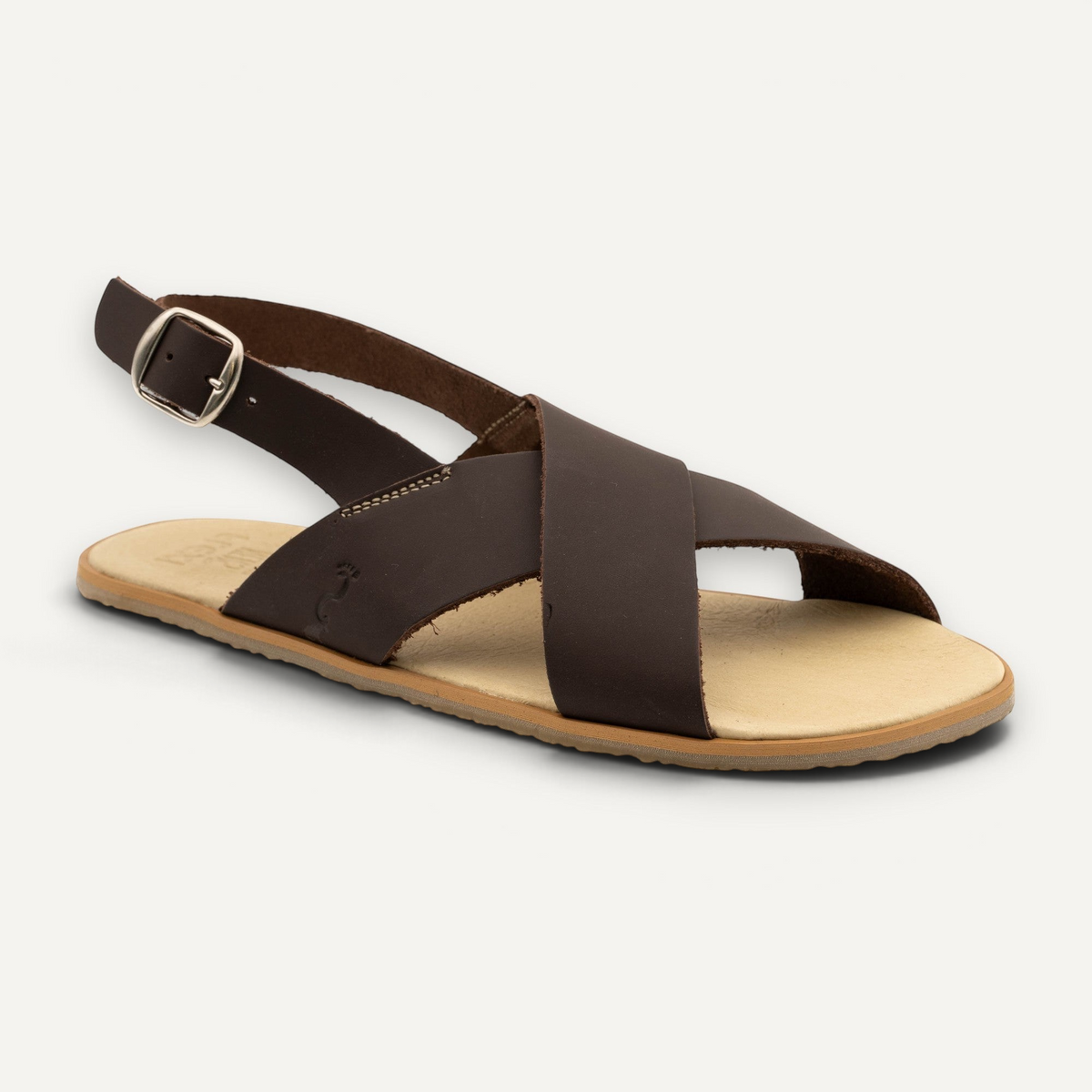 Sandalias barefoot zoireo FlexiNens en cuero marrón con tiras cruzadas y cierre de hebilla para adulto