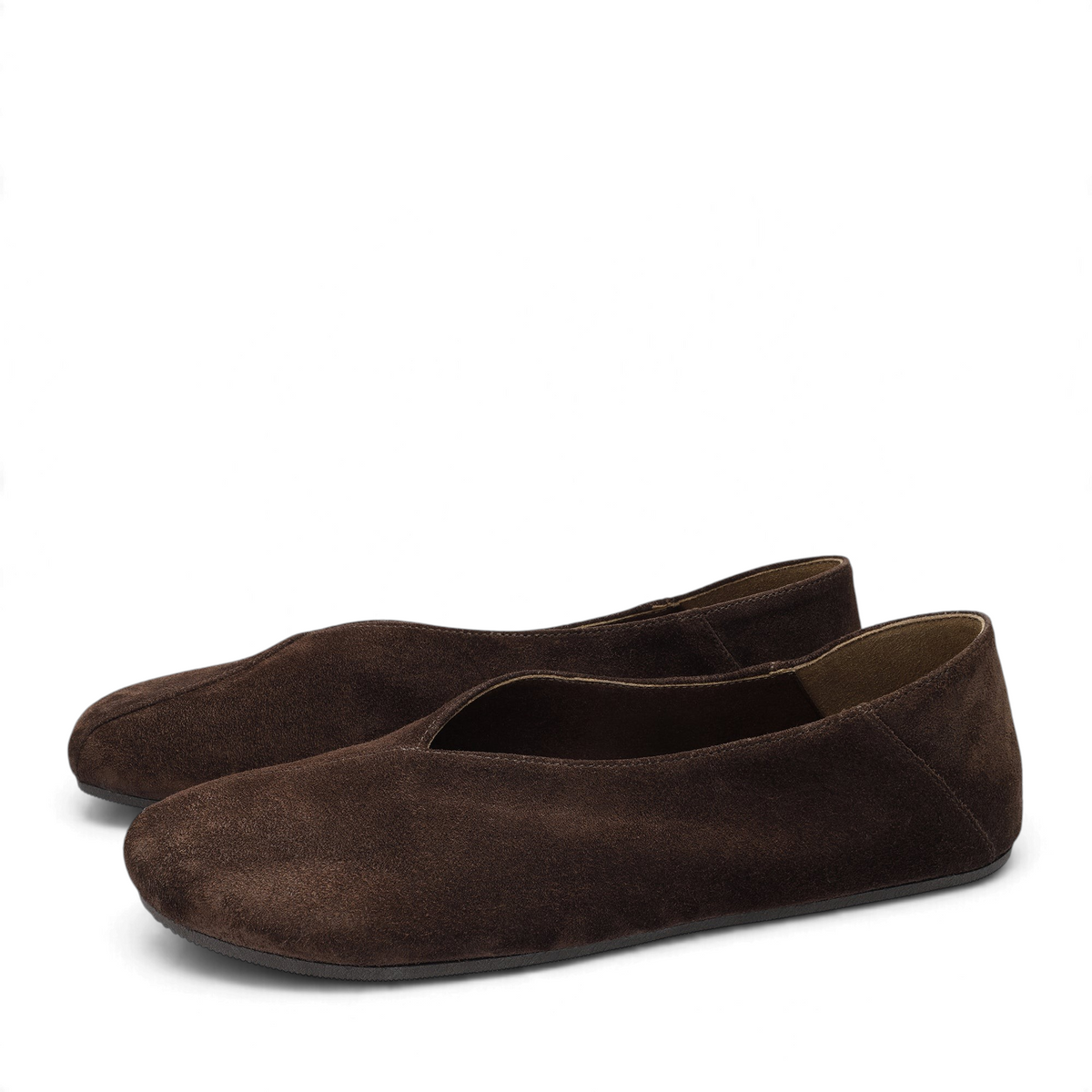 Bailarinas barefoot zoireo Groundies Curve para mujer en ante color chocolate con suela plana y diseño asimétrico