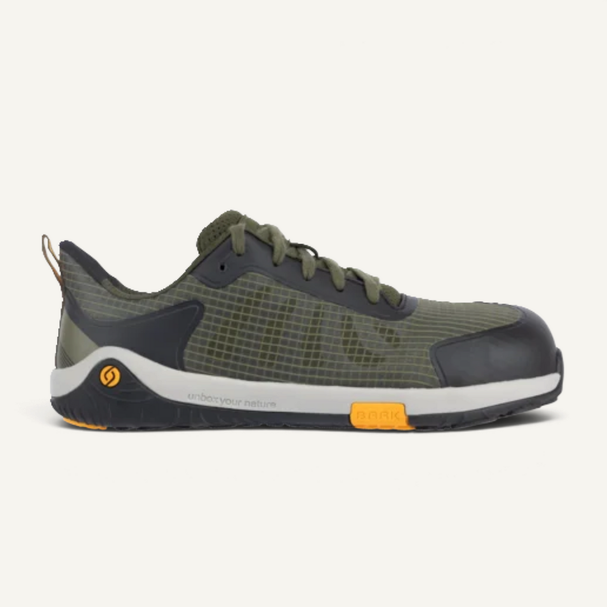 Calzado de seguridad barefoot zoireo Baak Pan S1PS en color oliva y negro con puntera protectora y suela flexible.